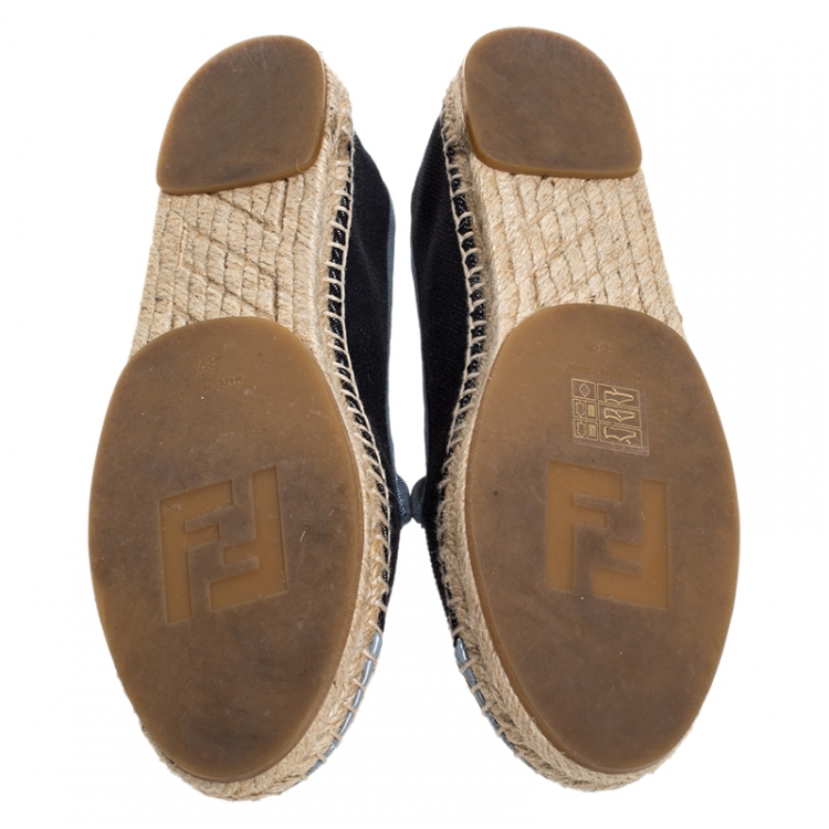 Pre Owned Fendi Black Denim And Grey Patent Leather Junia Cap Toe Espadrilles Loafers Size 37