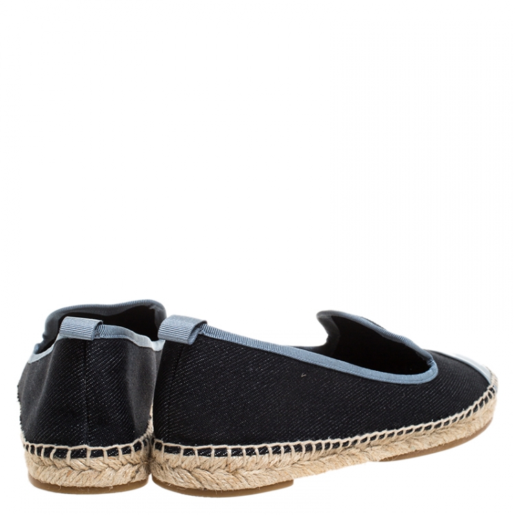 Pre Owned Fendi Black Denim And Grey Patent Leather Junia Cap Toe Espadrilles Loafers Size 37