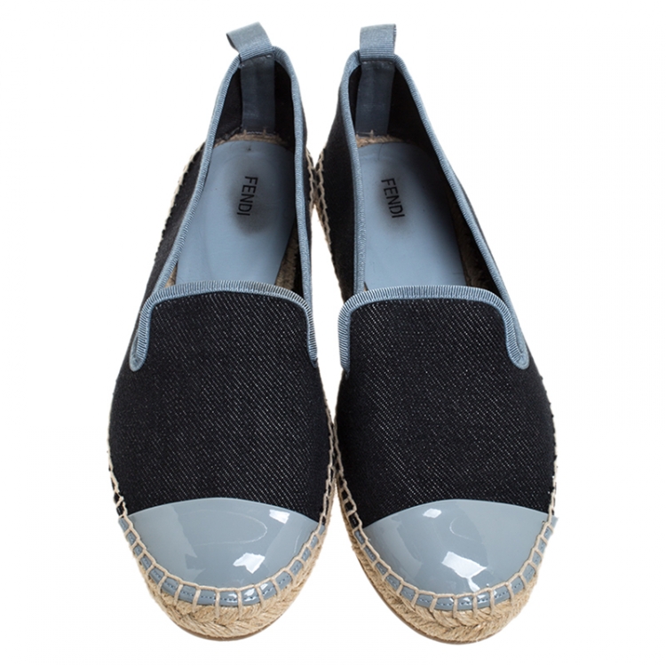 Pre Owned Fendi Black Denim And Grey Patent Leather Junia Cap Toe Espadrilles Loafers Size 37
