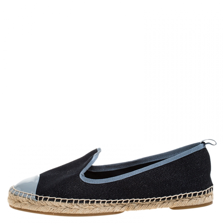 Pre Owned Fendi Black Denim And Grey Patent Leather Junia Cap Toe Espadrilles Loafers Size 37