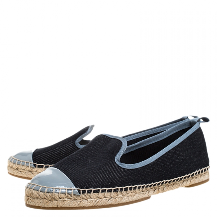 Pre Owned Fendi Black Denim And Grey Patent Leather Junia Cap Toe Espadrilles Loafers Size 37