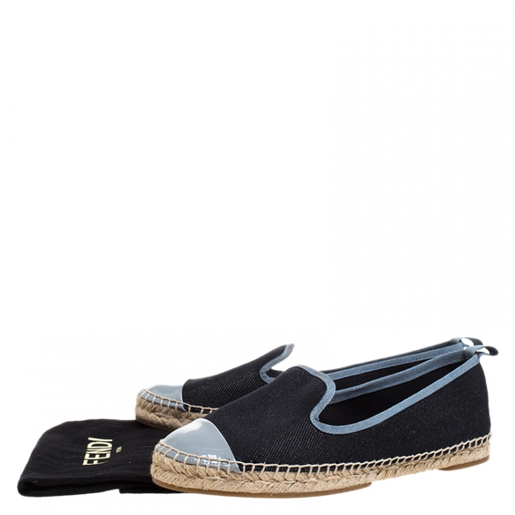 Pre Owned Fendi Black Denim And Grey Patent Leather Junia Cap Toe Espadrilles Loafers Size 37