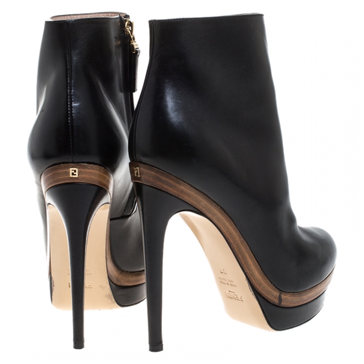 Pre Owned Fendi Black Leather Platform Ankle Boots Size 37