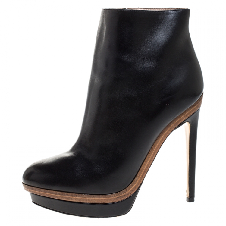 Pre Owned Fendi Black Leather Platform Ankle Boots Size 37