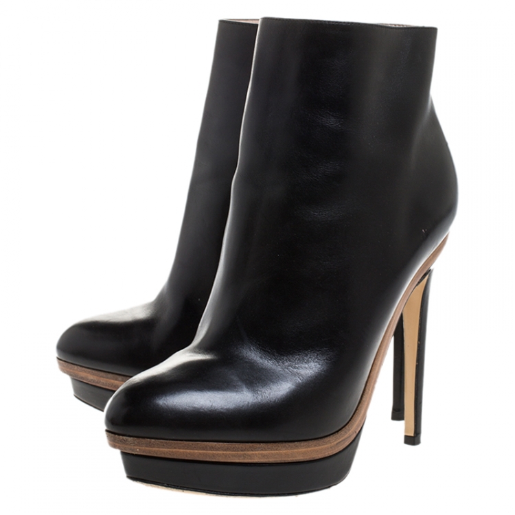 Pre Owned Fendi Black Leather Platform Ankle Boots Size 37