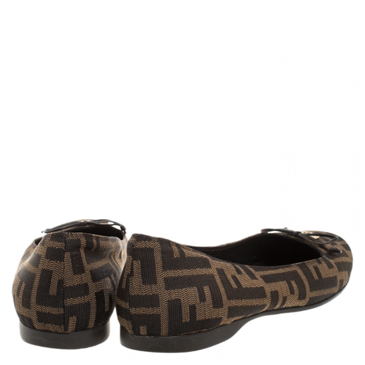 Pre Owned Fendi Tobacco Zucca Canvas Logo Bow Ballet Flats Size 38
