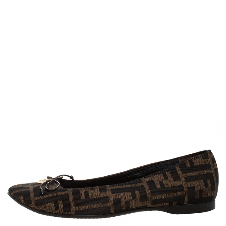 Pre Owned Fendi Tobacco Zucca Canvas Logo Bow Ballet Flats Size 38