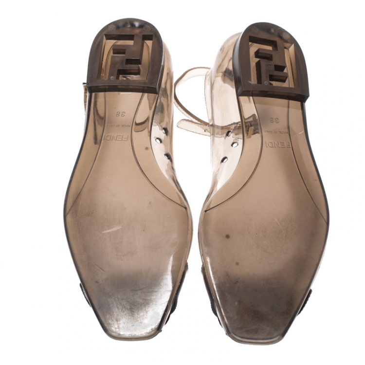 مملوكة مسبقًا Fendi Grey Jelly Peep Toe Ankle Strap Ballet Flats Size 38