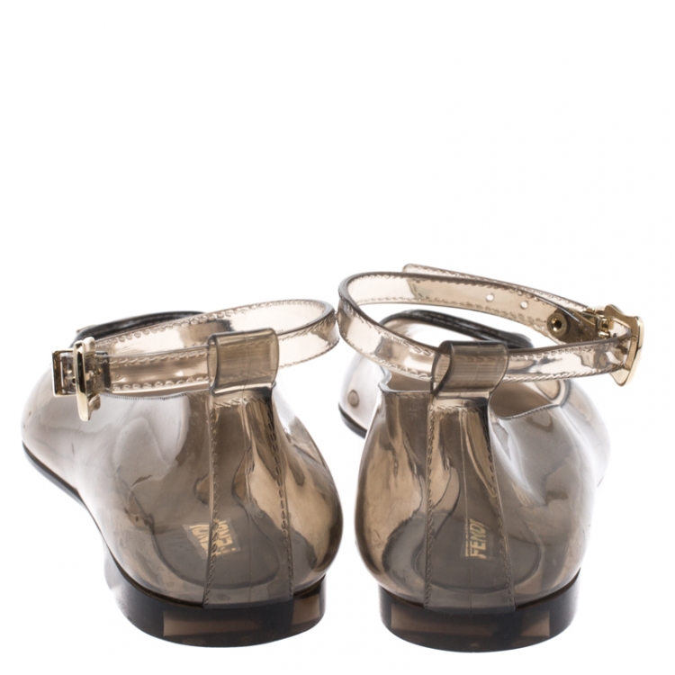 مملوكة مسبقًا Fendi Grey Jelly Peep Toe Ankle Strap Ballet Flats Size 38
