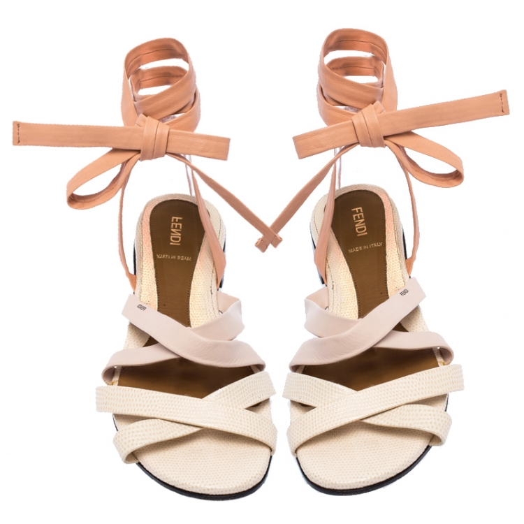Pre Owned Fendi Multicolor Leather Ankle Wrap Flat Sandals Size 38.5
