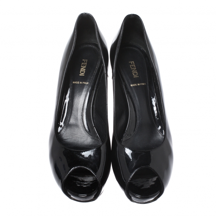 Pre Owned Fendi Black Patent Leather Zucca Print Heel Peep Toe Platform Pumps Size 39.5