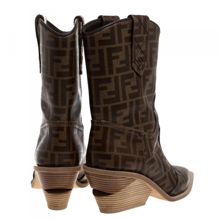 Pre Owned Fendi Brown FF Logo Coated Canvas Wooden Heel Ankle Boots Size 38