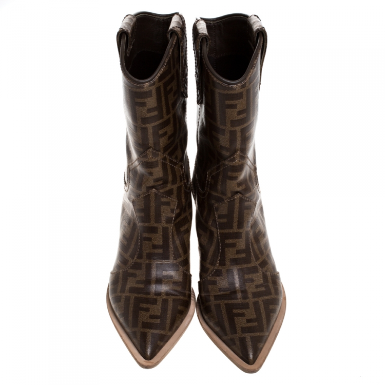 Pre Owned Fendi Brown FF Logo Coated Canvas Wooden Heel Ankle Boots Size 38