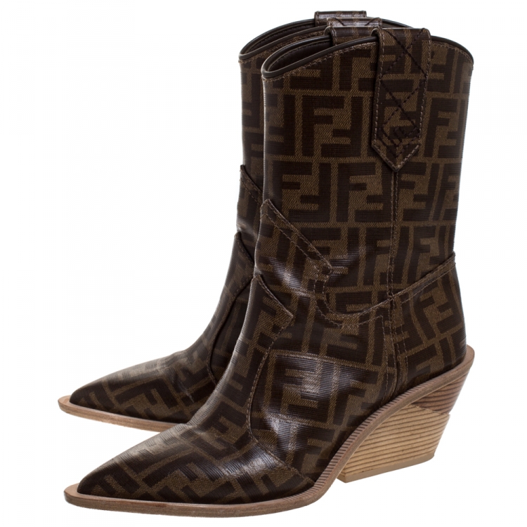 Pre Owned Fendi Brown FF Logo Coated Canvas Wooden Heel Ankle Boots Size 38