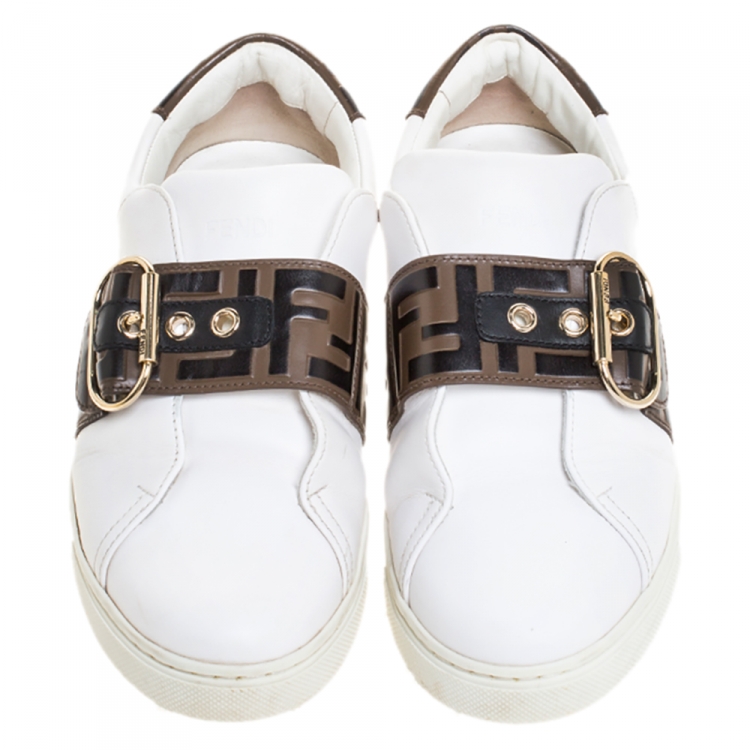 Pre Owned Fendi White Leather FF Logo Buckle Strap Sneakers Size 38.5