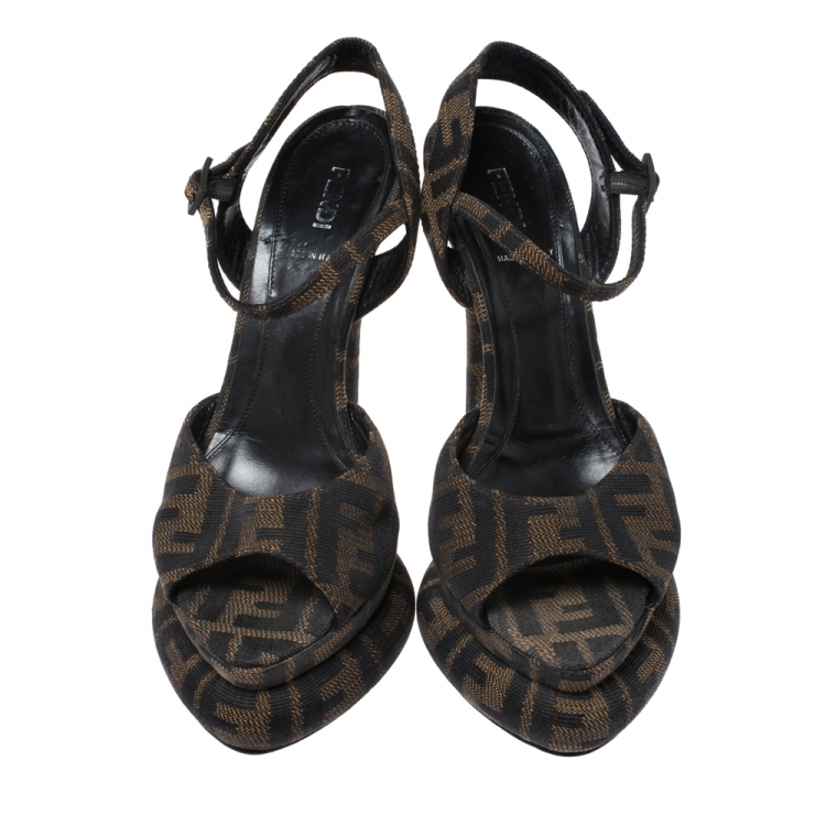 Pre Owned Fendi Brown Zucca Canvas Bubble Platfrom Ankle Strap Sandals Size 38
