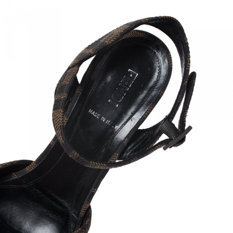 Pre Owned Fendi Brown Zucca Canvas Bubble Platfrom Ankle Strap Sandals Size 38