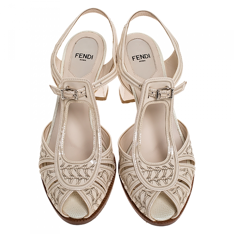 Pre Owned Fendi Beige Engraved Patent Leather And White Lizard Block Heel Peep Toe Sandals Size 37