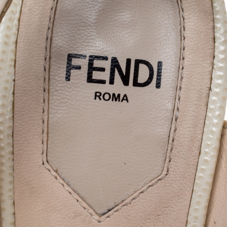 Pre Owned Fendi Beige Engraved Patent Leather And White Lizard Block Heel Peep Toe Sandals Size 37