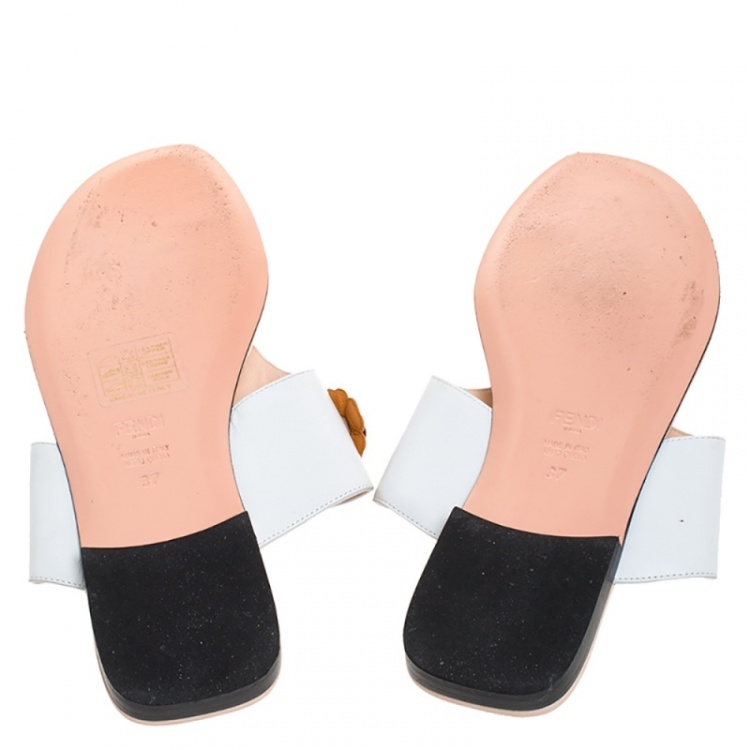 Pre Owned Fendi White Leather Flowerland Thong Flats Size 37