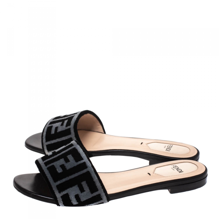 Pre Owned Fendi Black/Grey Zucca Velvet Slide Flats Size 36
