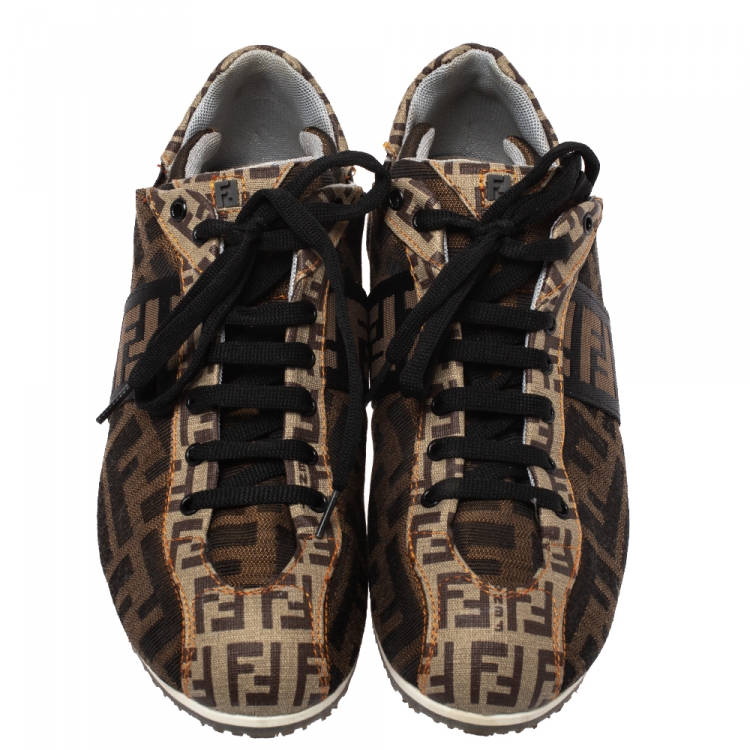 Pre Owned Fendi Tobacco Zucca Canvas Low Top Sneakers Size 36.5