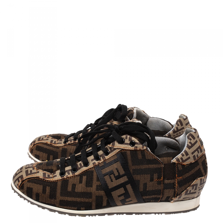 Pre Owned Fendi Tobacco Zucca Canvas Low Top Sneakers Size 36.5