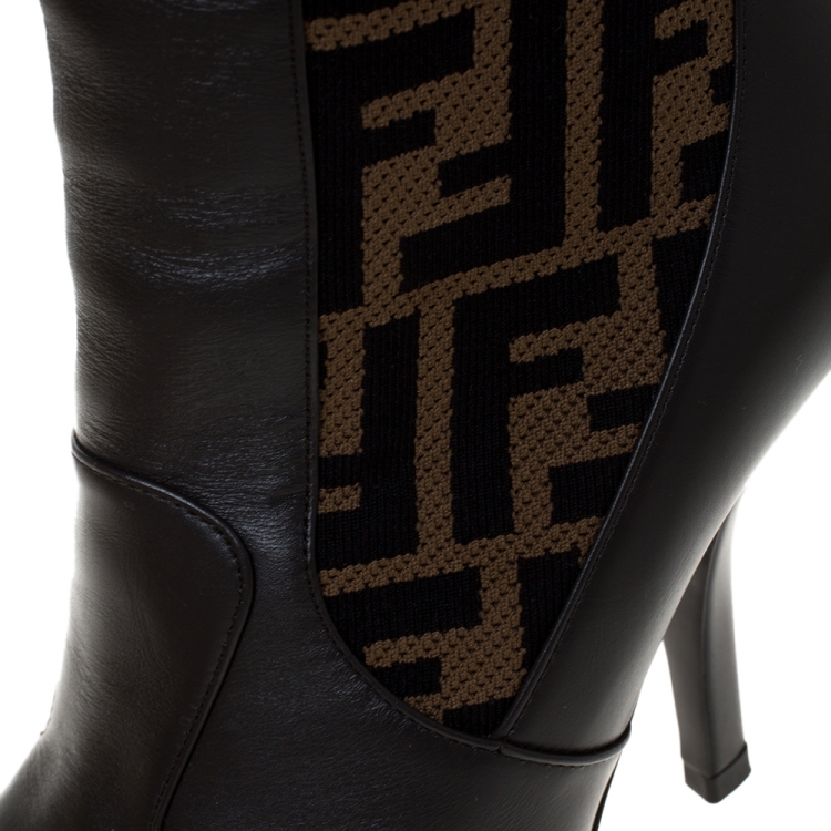 Pre Owned Fendi Brown Leather and Fabric Pointed Toe Ankle Boots Size 36