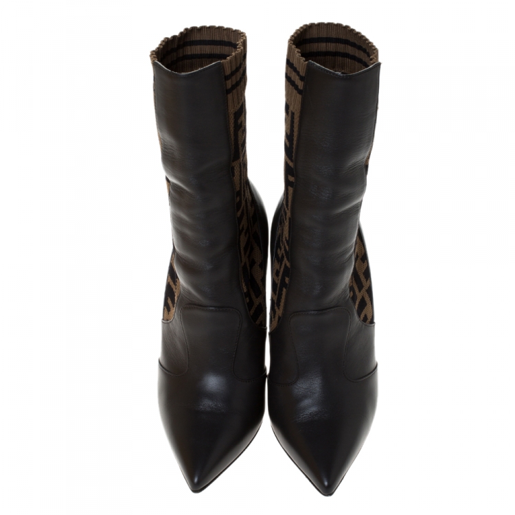 Pre Owned Fendi Brown Leather and Fabric Pointed Toe Ankle Boots Size 36