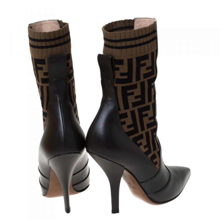 Pre Owned Fendi Brown Leather and Fabric Pointed Toe Ankle Boots Size 36