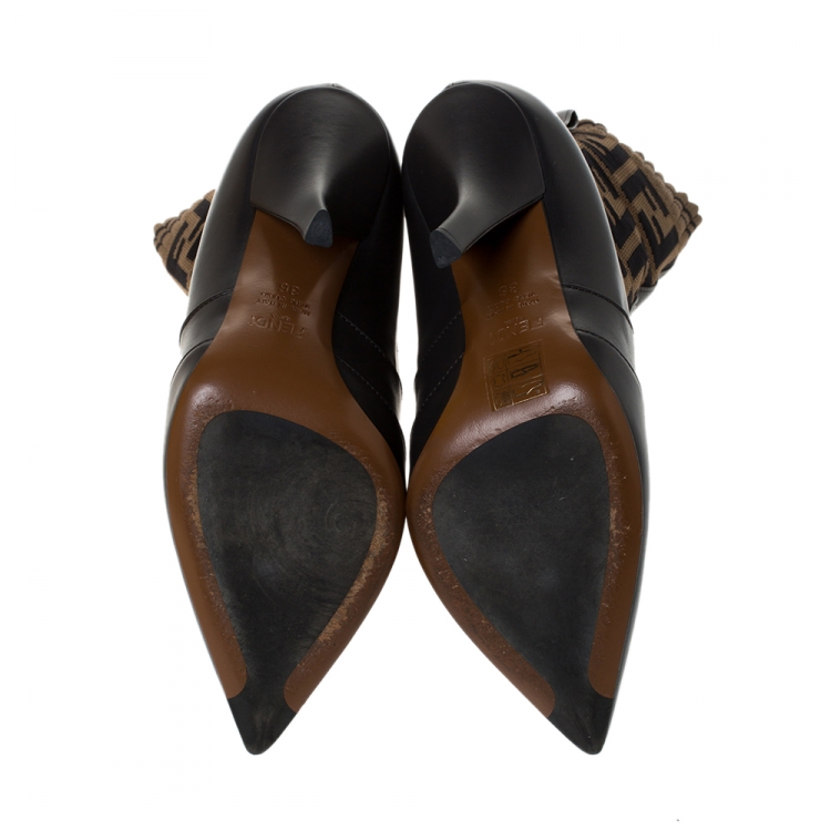 Pre Owned Fendi Brown Leather and Fabric Pointed Toe Ankle Boots Size 36