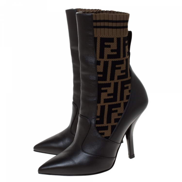 Pre Owned Fendi Brown Leather and Fabric Pointed Toe Ankle Boots Size 36