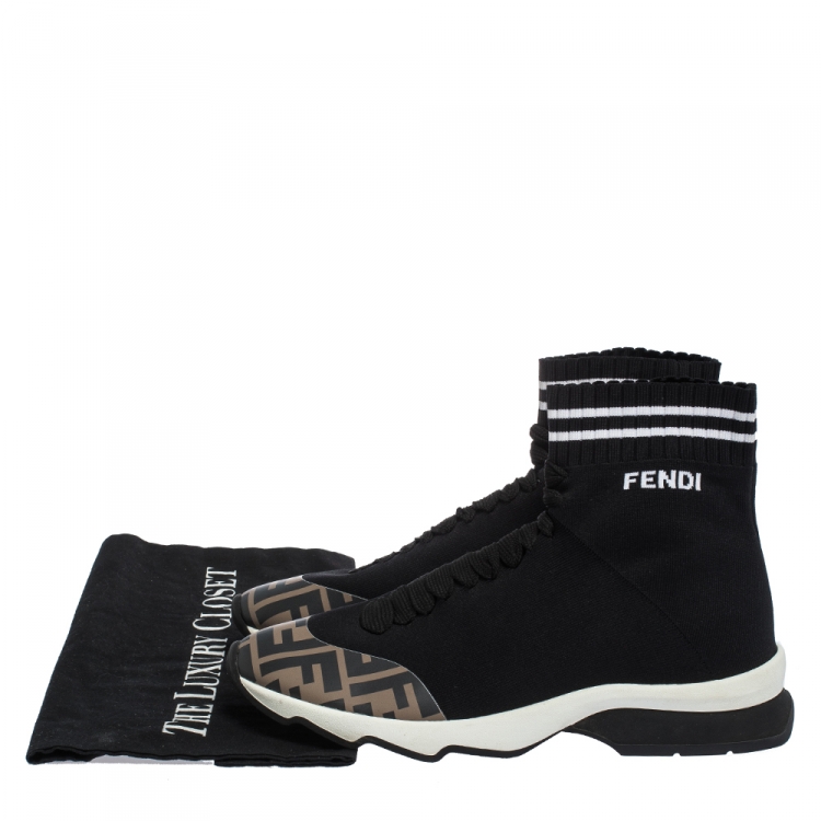 Pre Owned Fendi Black Zucca Fabric Kintted and Leather Sock Sneakers Size 37