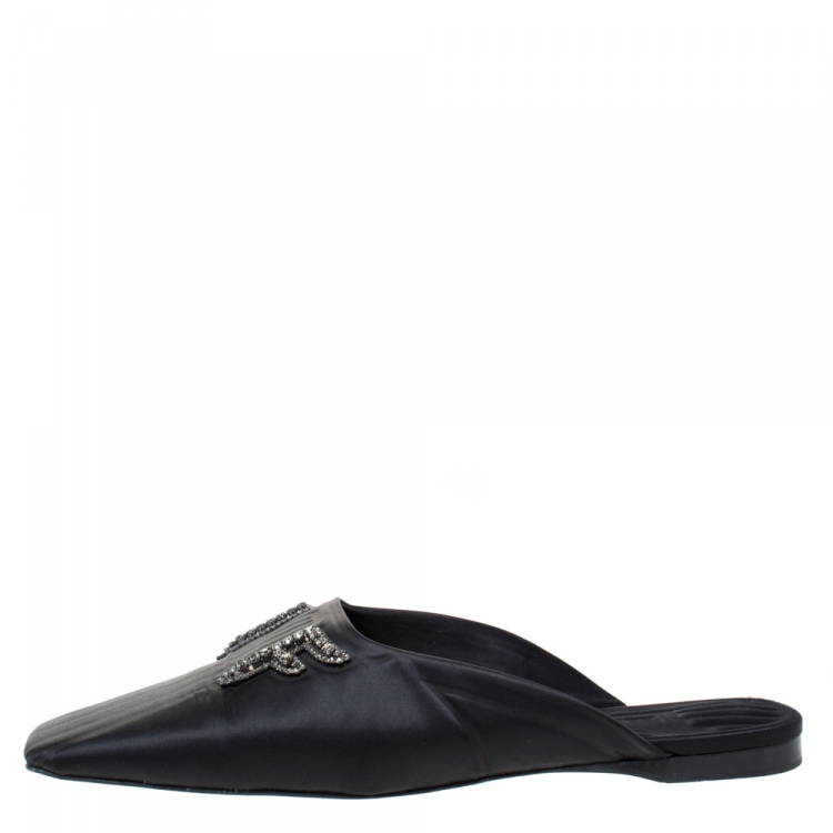 Pre Owned Fendi Black Satin Crystal Embellished FFreedom Mules Size 40