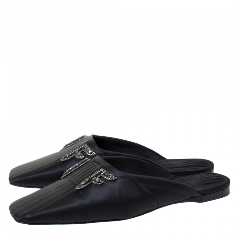 Pre Owned Fendi Black Satin Crystal Embellished FFreedom Mules Size 40