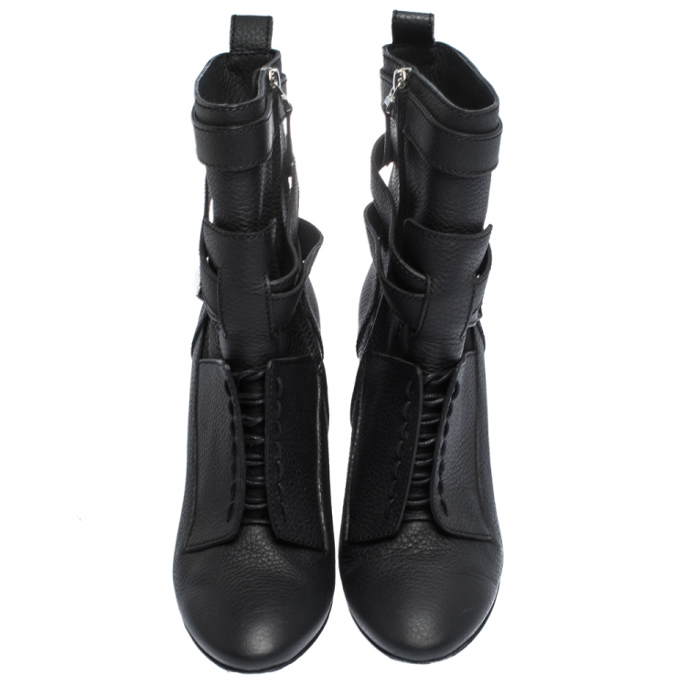 Pre Owned Fendi Black Leather Lace Up Detail Cross Strap Block Heel Ankle Boots Size 39