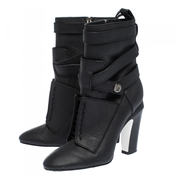 Pre Owned Fendi Black Leather Lace Up Detail Cross Strap Block Heel Ankle Boots Size 39