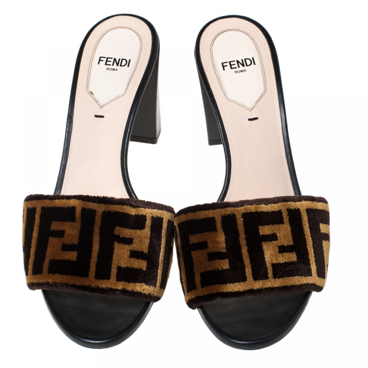 Fendi Brown Zucca Velvet Open Toe Slides Sandals Size 36 Fendi | TLC