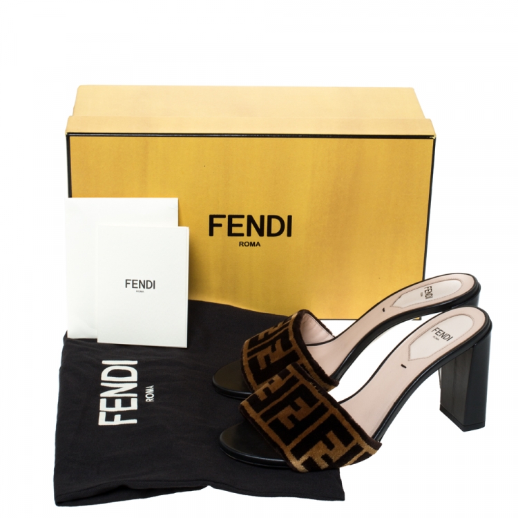 Pre Owned Fendi Brown Zucca Velvet Open Toe Slides Sandals Size 36