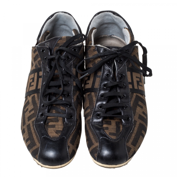 Pre Owned Fendi Brown Zucca Canvas And Leather Trim Low Top Sneakers Size 37