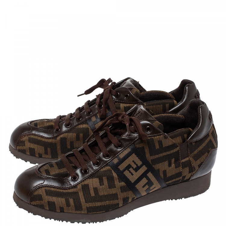 Pre Owned Fendi Tobacco Zucca Canvas Trainer Lace Up Sneakers Size 38