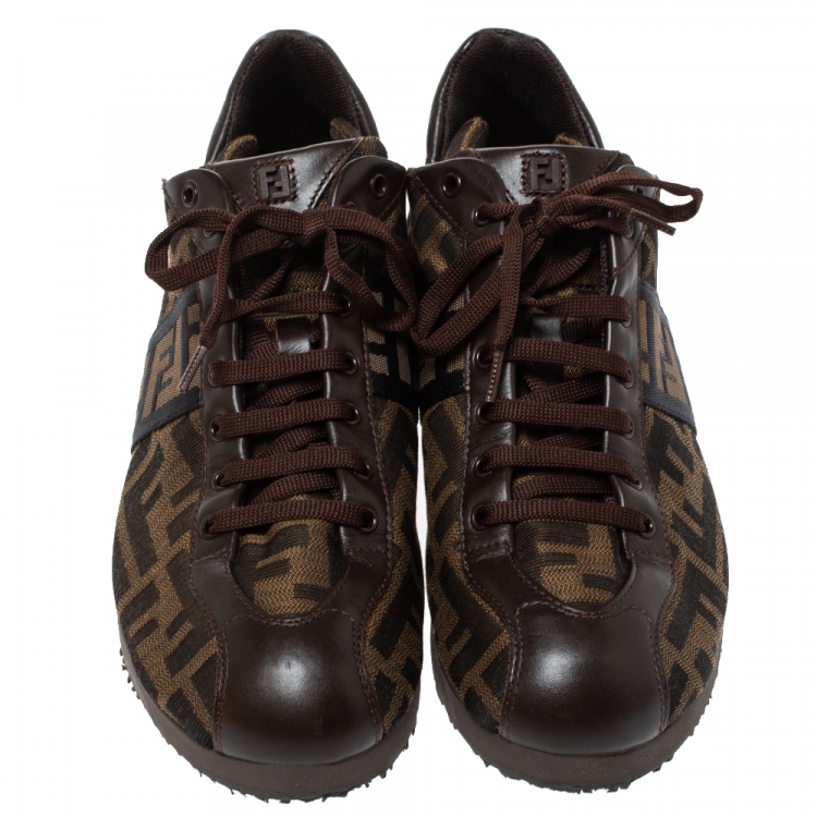 Pre Owned Fendi Tobacco Zucca Canvas Trainer Lace Up Sneakers Size 38