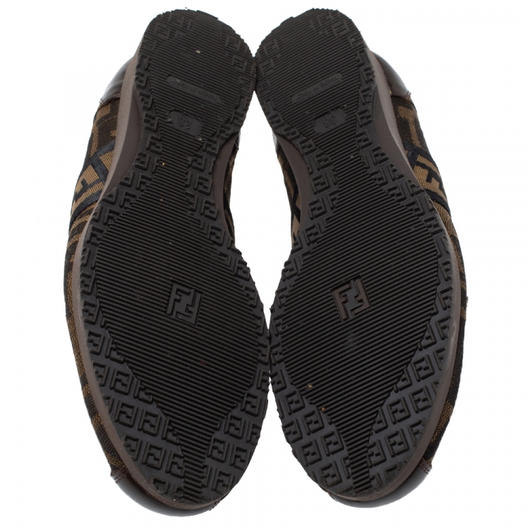 Pre Owned Fendi Tobacco Zucca Canvas Trainer Lace Up Sneakers Size 38
