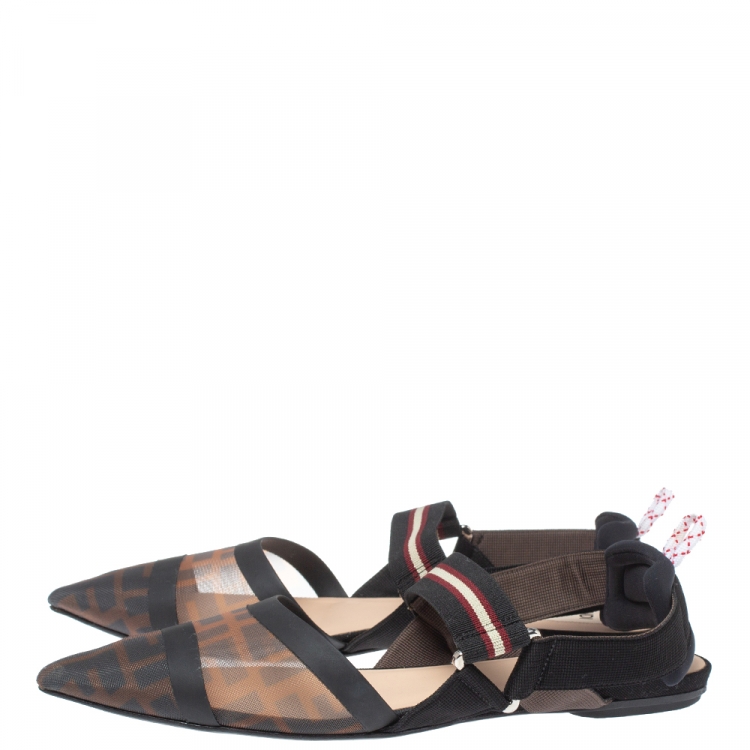 Pre Owned Fendi Black/Brown Zucca Mesh Colibri Slingback Flat Sandals Size 39