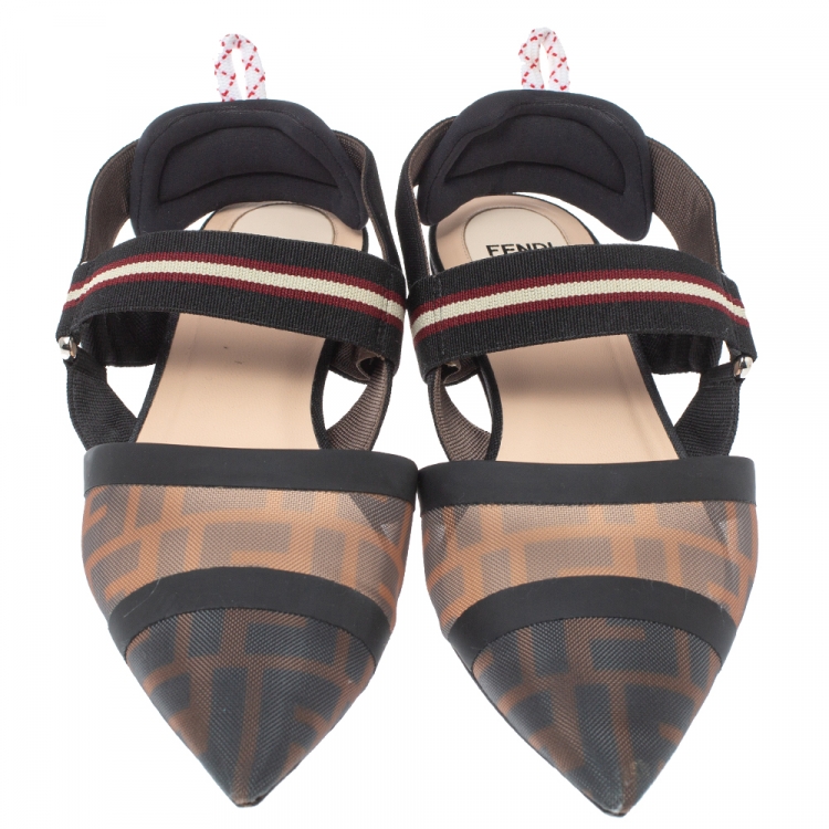 Pre Owned Fendi Black/Brown Zucca Mesh Colibri Slingback Flat Sandals Size 39