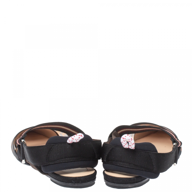 Pre Owned Fendi Black/Brown Zucca Mesh Colibri Slingback Flat Sandals Size 39