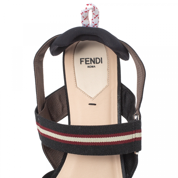 Pre Owned Fendi Black/Brown Zucca Mesh Colibri Slingback Flat Sandals Size 39