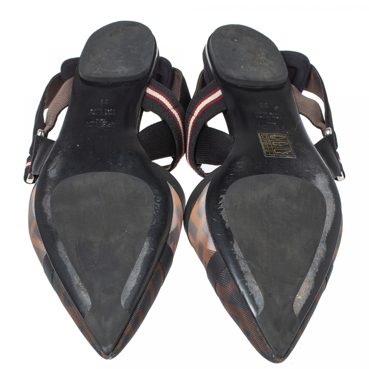 Pre Owned Fendi Black/Brown Zucca Mesh Colibri Slingback Flat Sandals Size 39