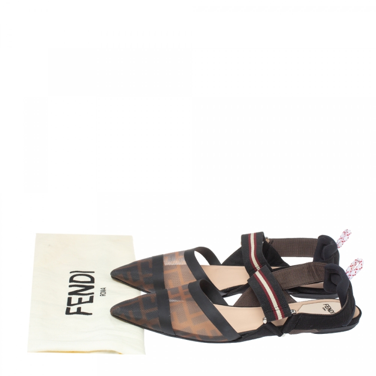 Pre Owned Fendi Black/Brown Zucca Mesh Colibri Slingback Flat Sandals Size 39
