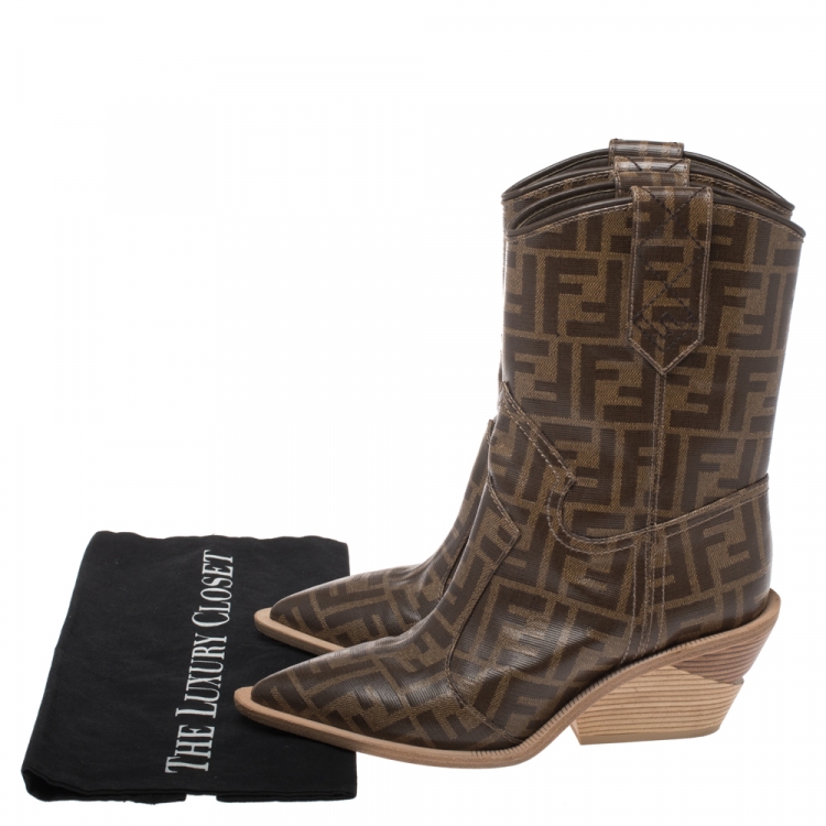 مملوكة مسبقًا Fendi Brown FF Logo Coated Canvas Wooden Heel Ankle Boots Size 36